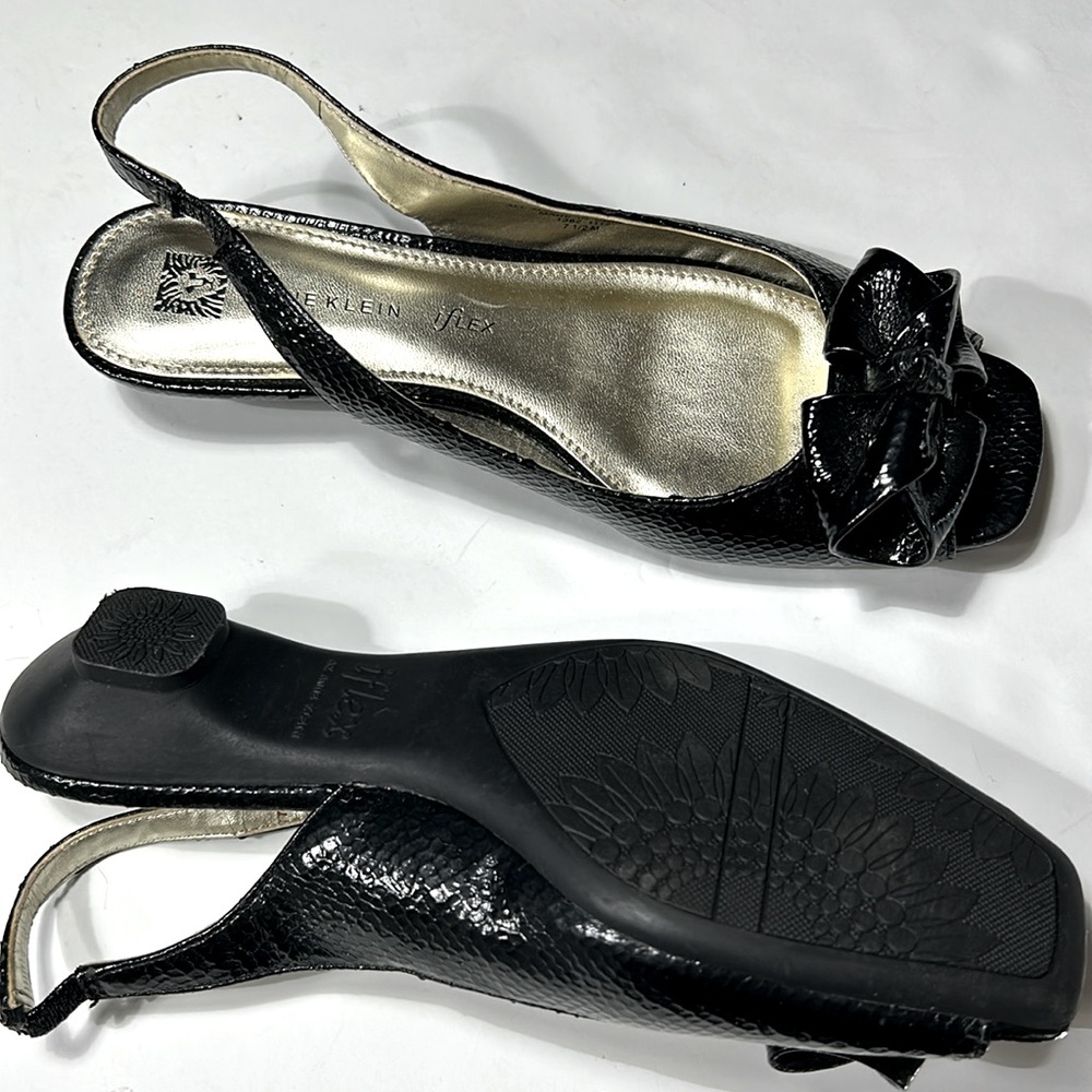 Black patent leather bow embellished sling back sandals women size 7.5